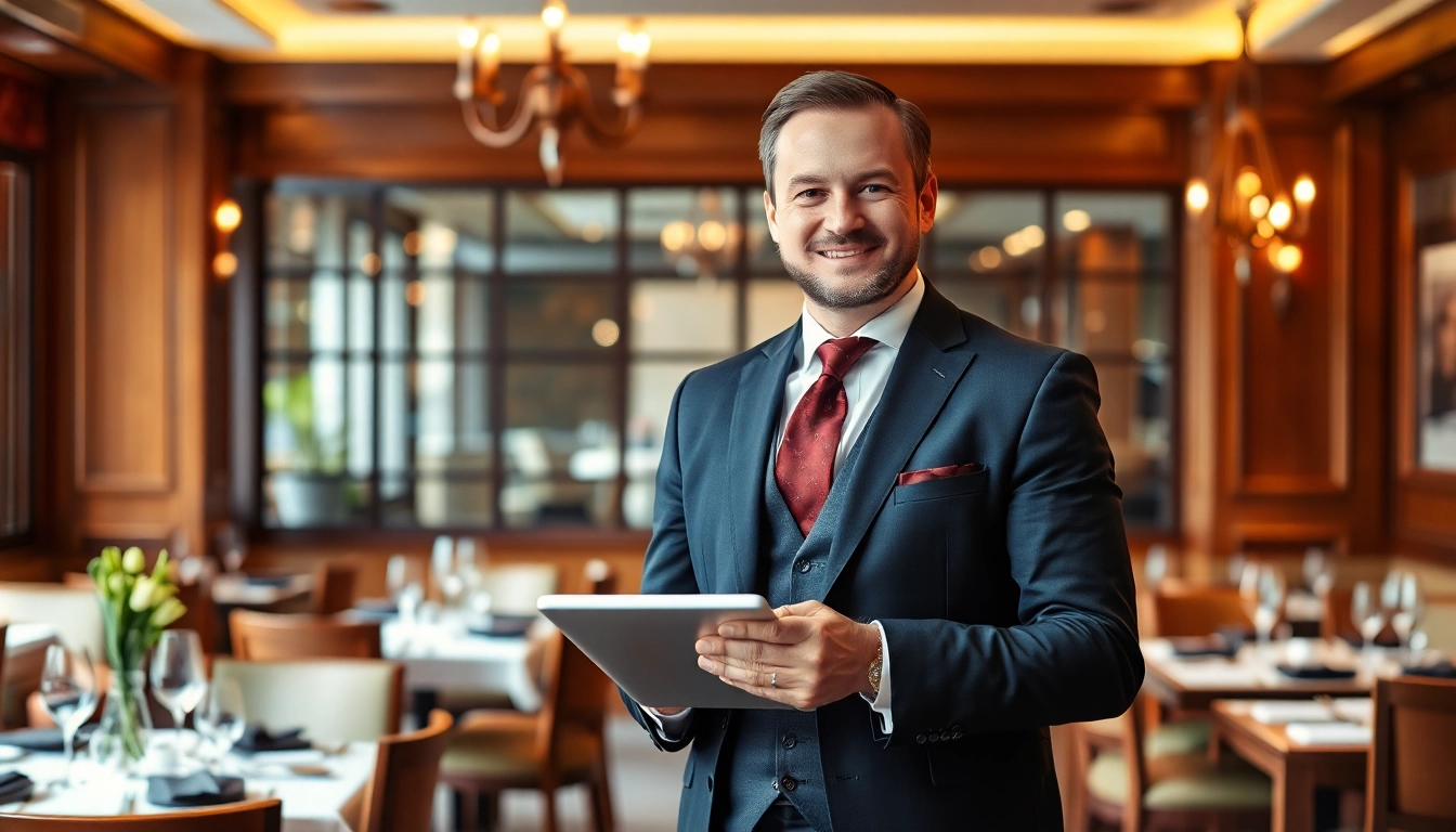 Headhunter Gastronomie steht in elegantem Restaurant mit Tablet, zeigt Engagement und Professionalität beim Personalvermitteln.