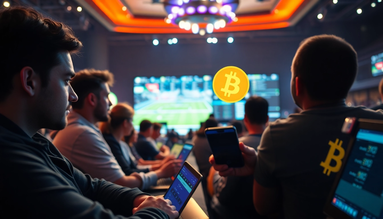 Erleben Sie Bitcoin online sports betting in einem aufregenden Wett-Event mit jubelnden Teilnehmern.