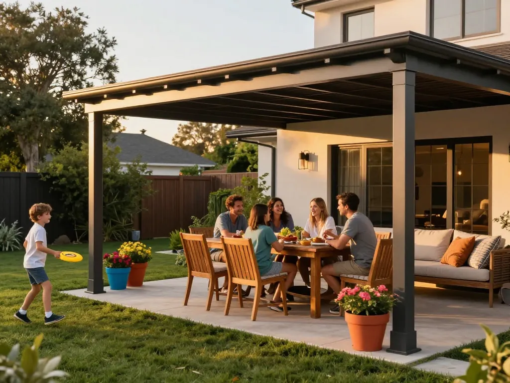 Elegantes Outdoor-Dining unter einer stilvollen Terrassenüberdachungsstruktur, eingebettet in eine warme, einladende Atmosphäre.