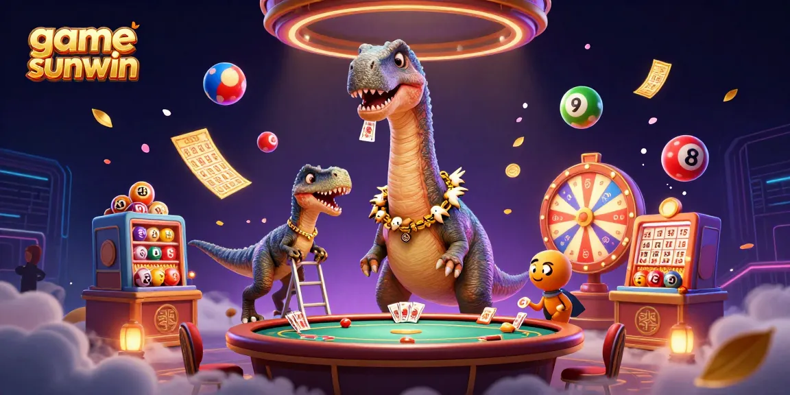 Experience game sunwin excitement with a playful dinosaur at a vibrant casino scene, featuring dynamic elements.
