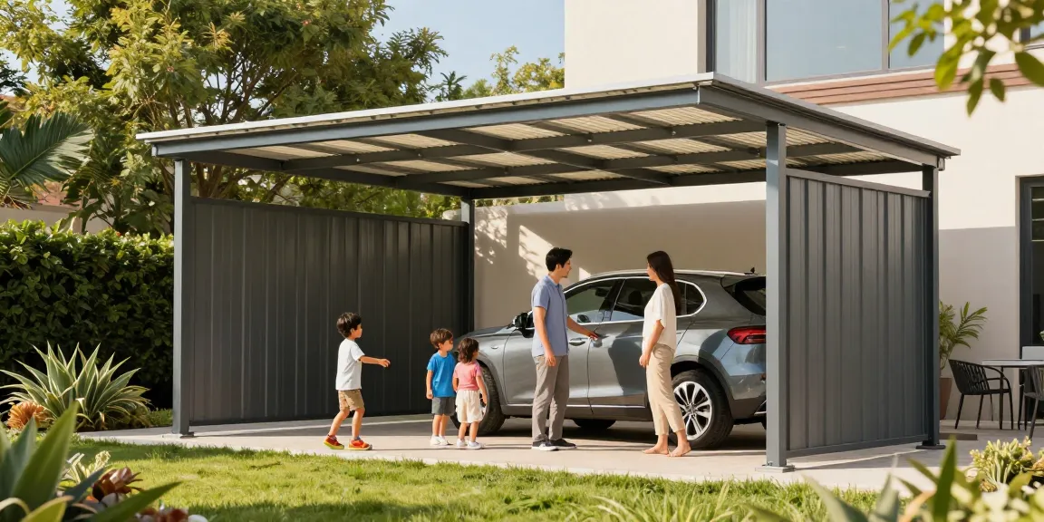 Moderne Carport-Konstruktion mit einer Familie, die die schützende Wirkung des Carports genießt.