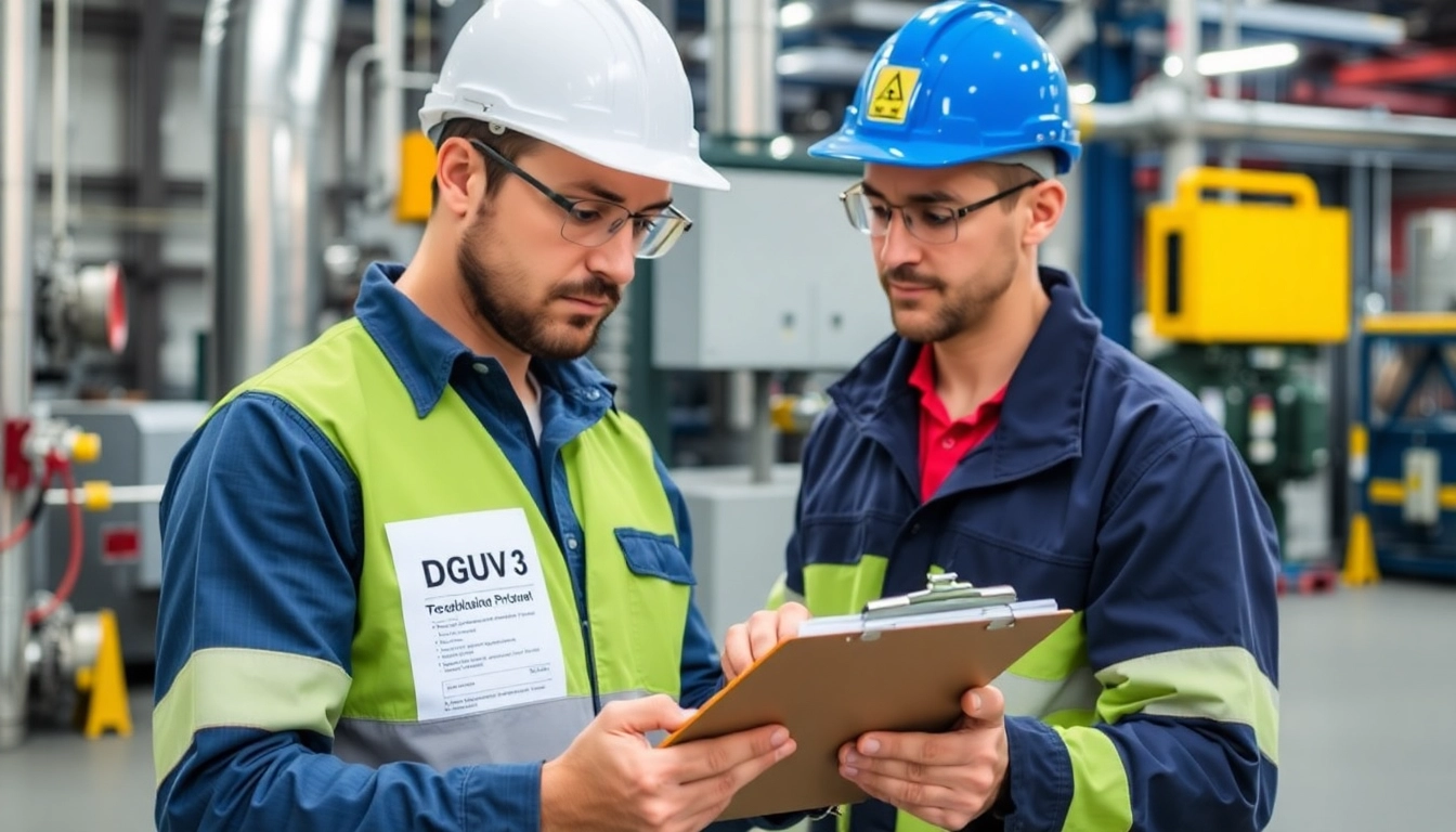 Conducting DGUV V3 Prüfung with a technician inspecting electrical equipment in a professional setting.