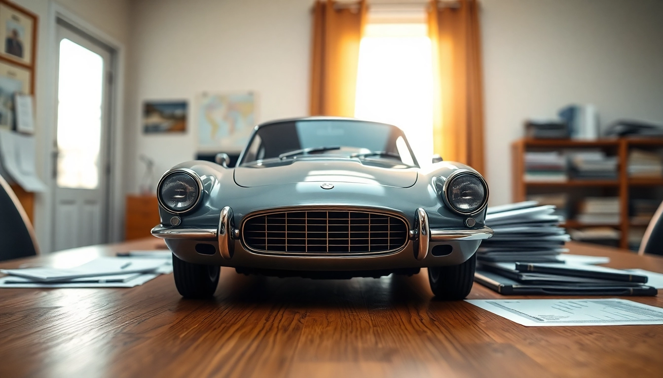 Oldtimer Wertgutachten auf einem professionellen Schreibtisch mit klassischen Auto-Details.