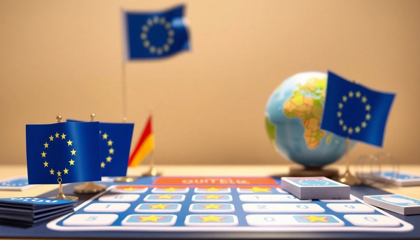 Interaktive Elemente des Quiz zur Europäischen Union auf einem Bildschirm mit EU-Symbolen.
