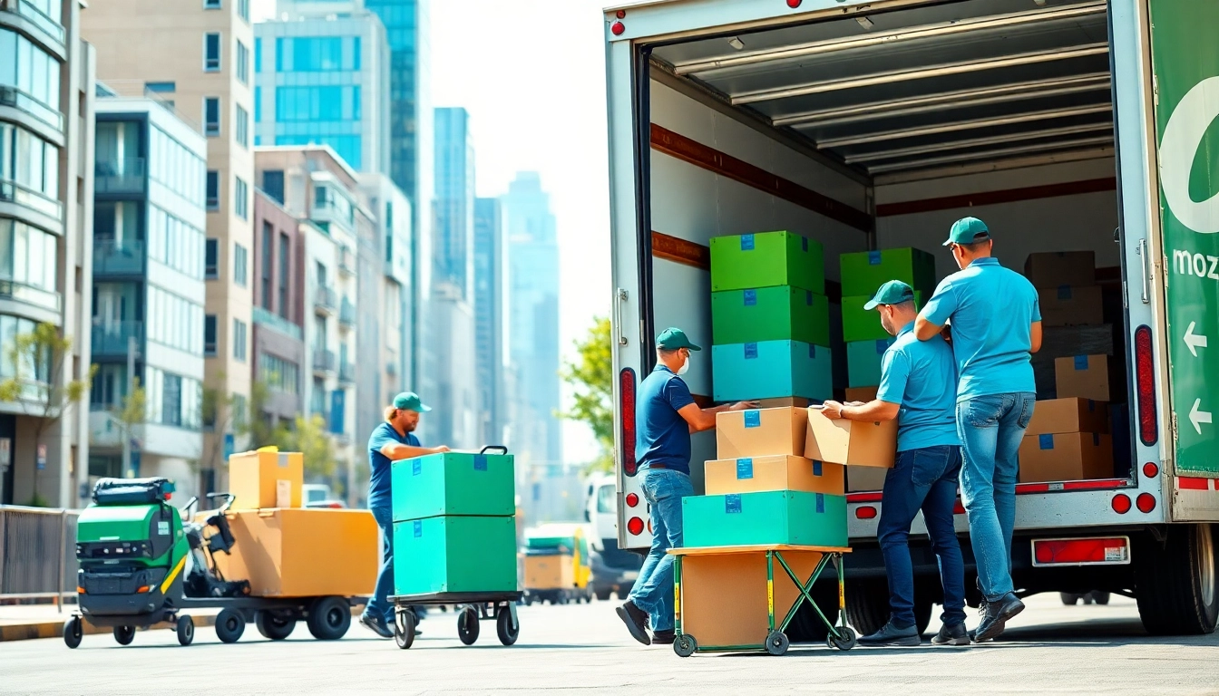 Umzugsunternehmen Darmstadt team efficiently loading a moving truck in a city.