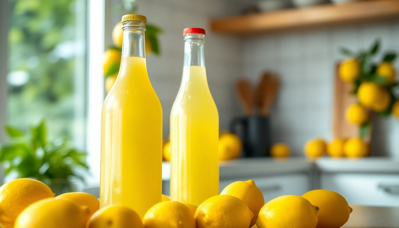 Lemon bottle surrounded by fresh lemons, showcasing vibrant colors and a bright atmosphere.