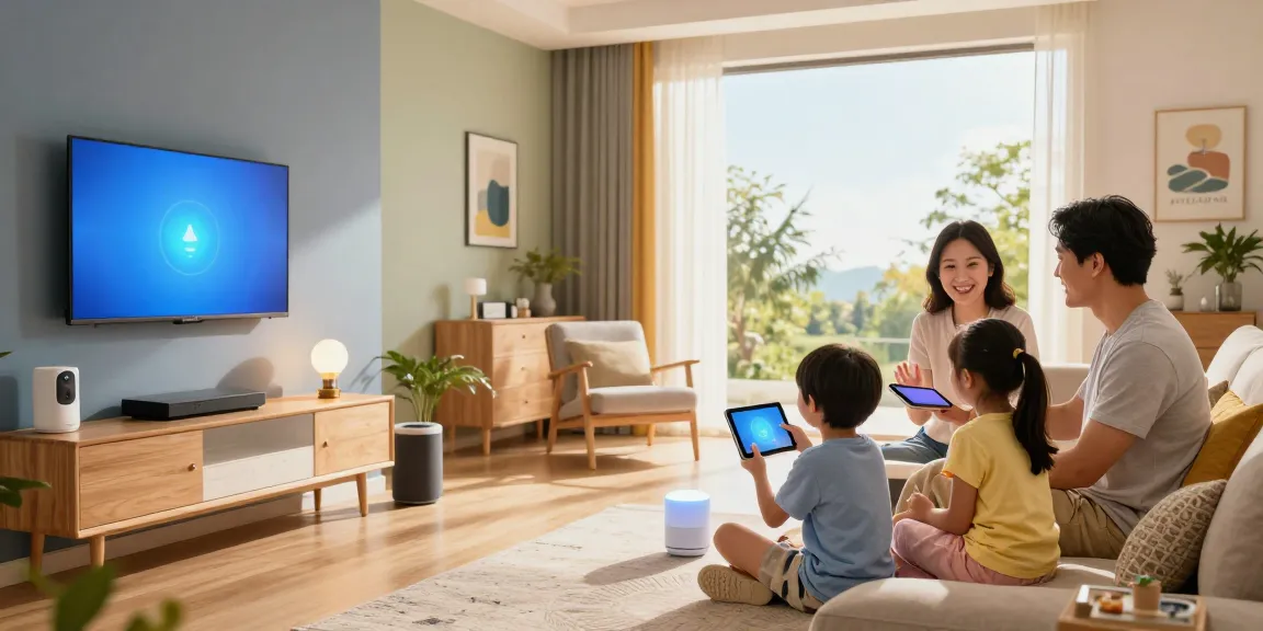 Smart Home Automatisierung features in a contemporary living room with a family enjoying comfort and control through technology