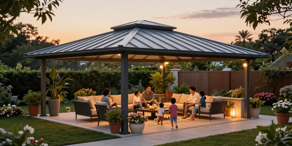 Moderne Terrassenüberdachung in einem einladenden Garten, ideal für Familientreffen.