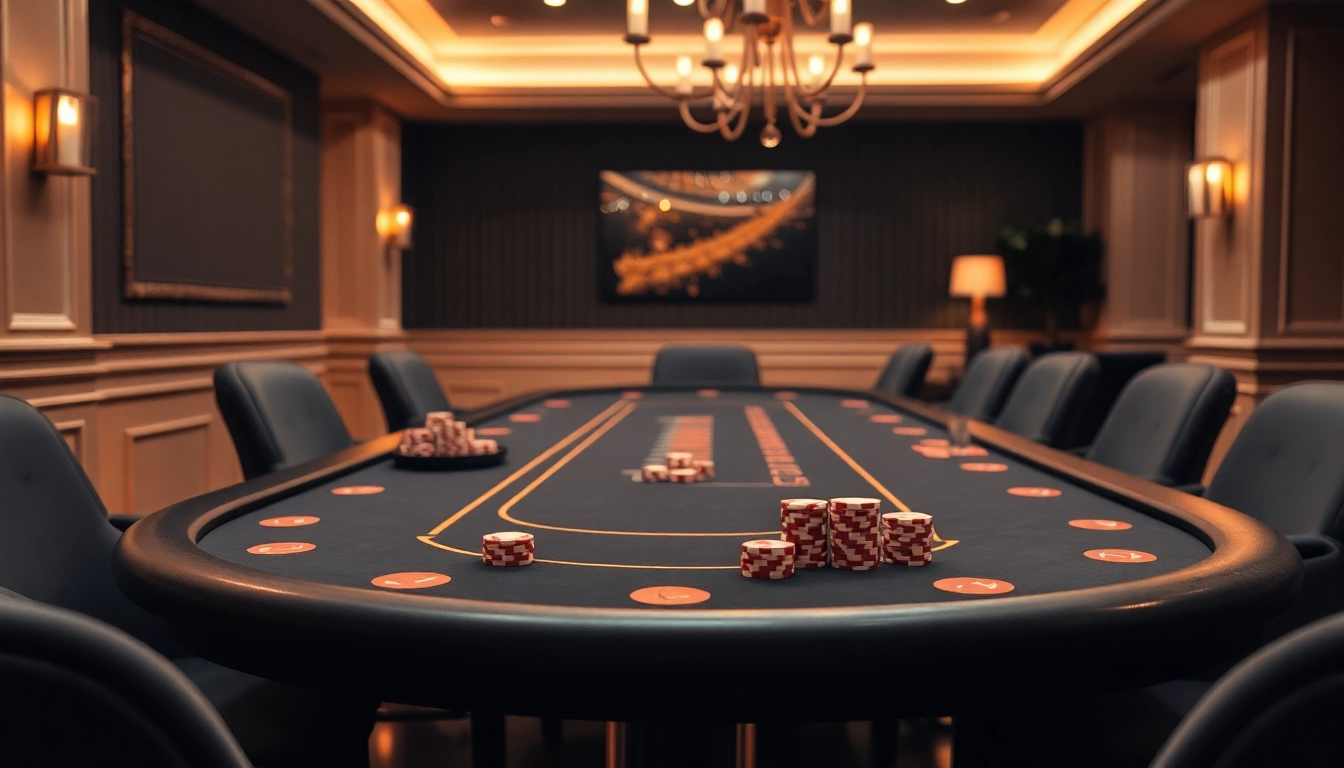 Spiele casino ohne anmeldung an einem eleganten Tisch mit bunten Chips und stimmungsvoller Beleuchtung.