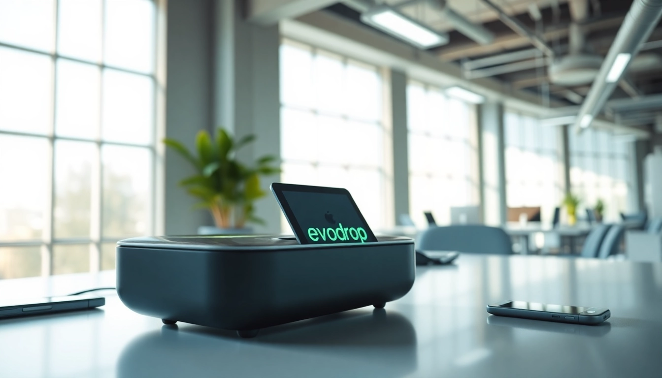 Erleben Sie das evodrop Gerät in einer modernen Büroumgebung mit innovativem Design.