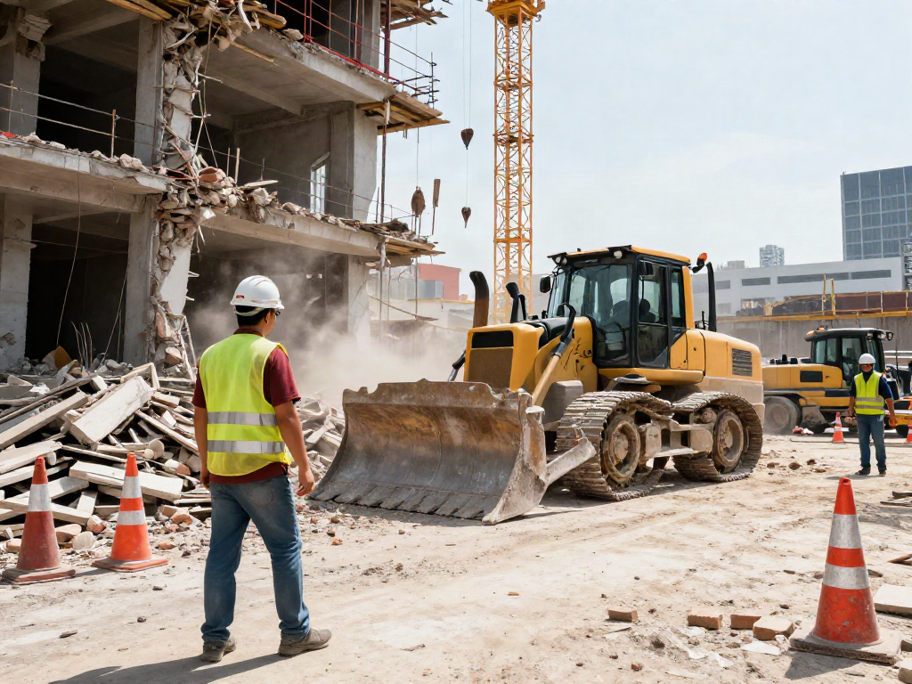 Professioneller Abrissarbeiter überwacht Abbruchkosten auf einer Baustelle mit schwerem Gerät.