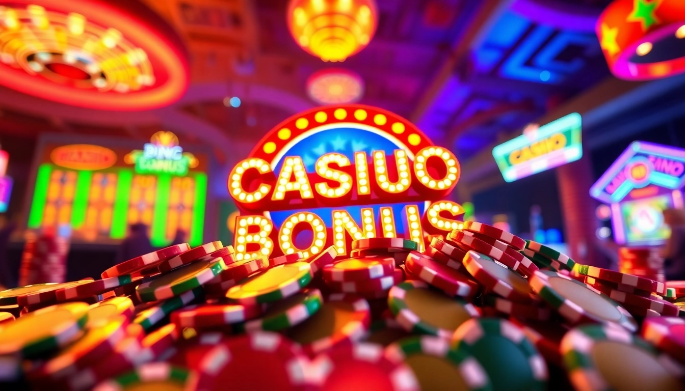 Claim your Casino Bonus while enjoying a vibrant casino setting filled with colorful chips and a bright sign.
