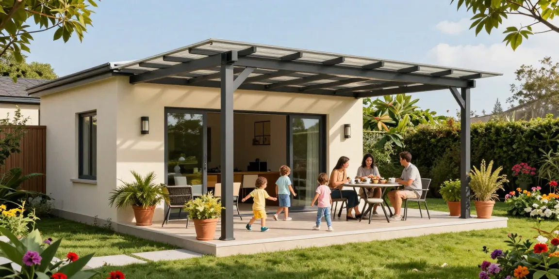 Freistehende Terrassenüberdachung mit Familie im Garten, sonnige Atmosphäre.