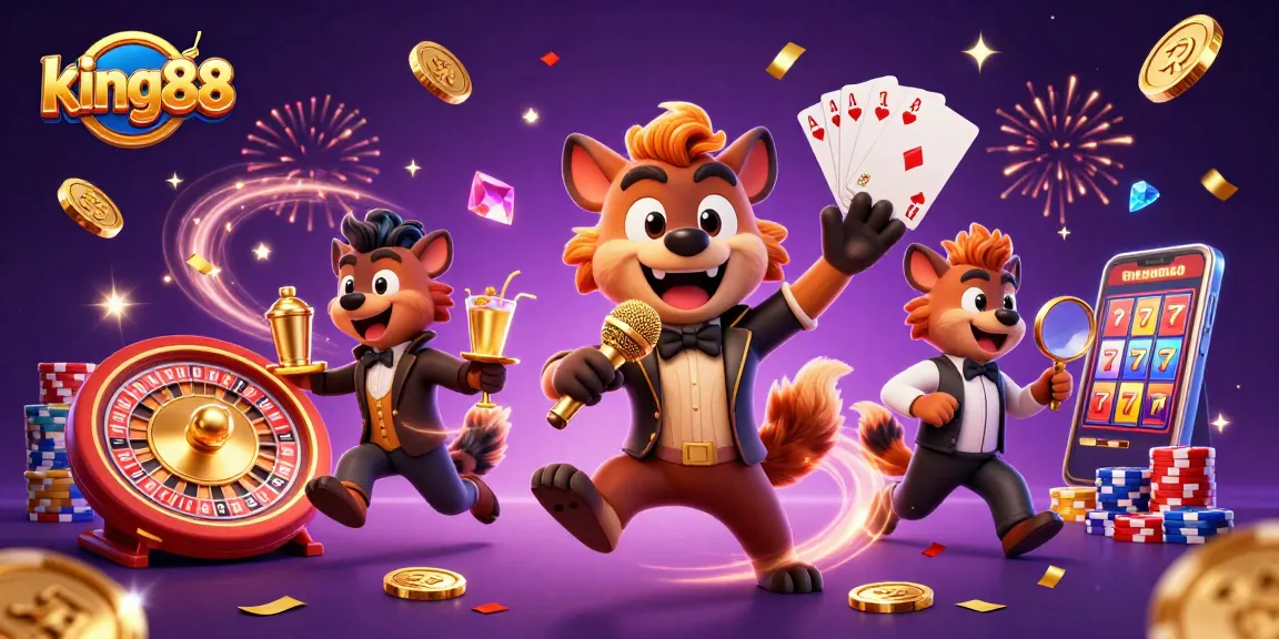 Experience the vibrant king88 casino scene with hyenas entertaining at a comedy club and gaming elements.