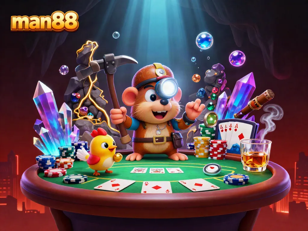 Experience the thrills of man88's casino with a treasure hunter mole and poker elements in a vibrant scene.