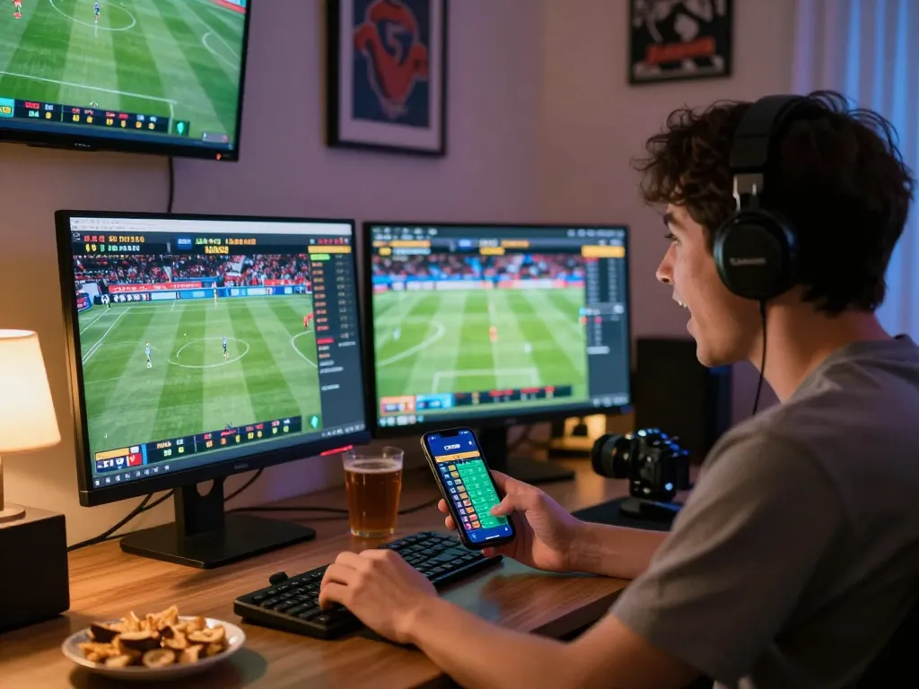 Engaged player enjoying sports betting at Man 88 with live odds on multiple devices.