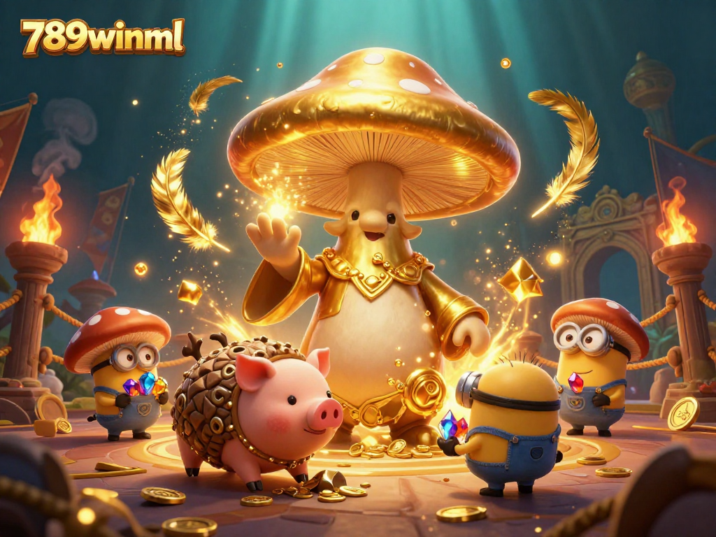 Win big with 789winml's golden magic, featuring a wizard and treasure-hunting pig in a dynamic casino illustration.