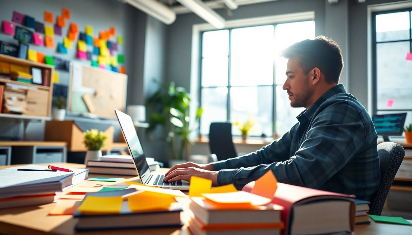 Shopware Entwickler arbeitet konzentriert an einem Laptop mit digitalen Design-Elementen.
