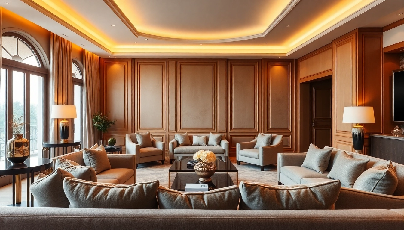 Luxury living room showcasing contemporary design elements with elegant furniture and warm lighting.