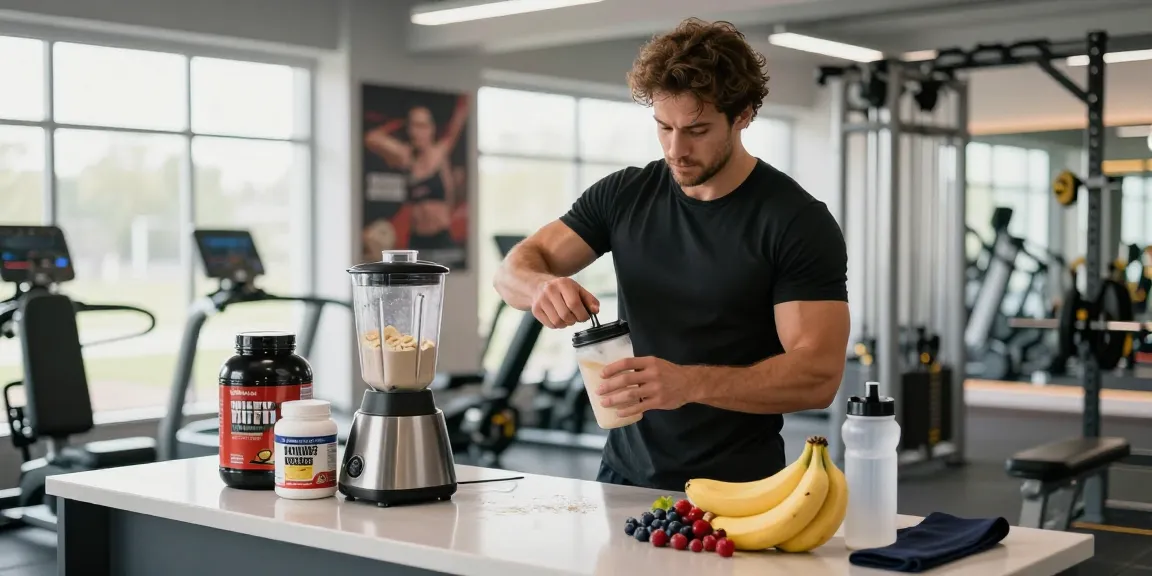 Preparing whey isolate protein shake in a vibrant gym, showcasing fitness and nutrition essentials.