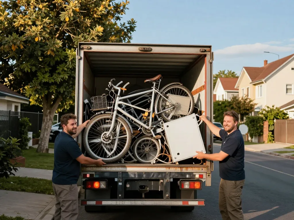 Schrottabholung Service-Team, das Metall-Schrott aus einem Wohngebiet effizient und freundlich einsammelt.