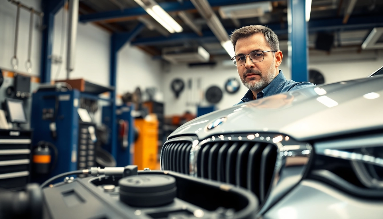 BMW Spezialist bei der Arbeit an einem hochwertigen BMW im Werkstattumfeld.