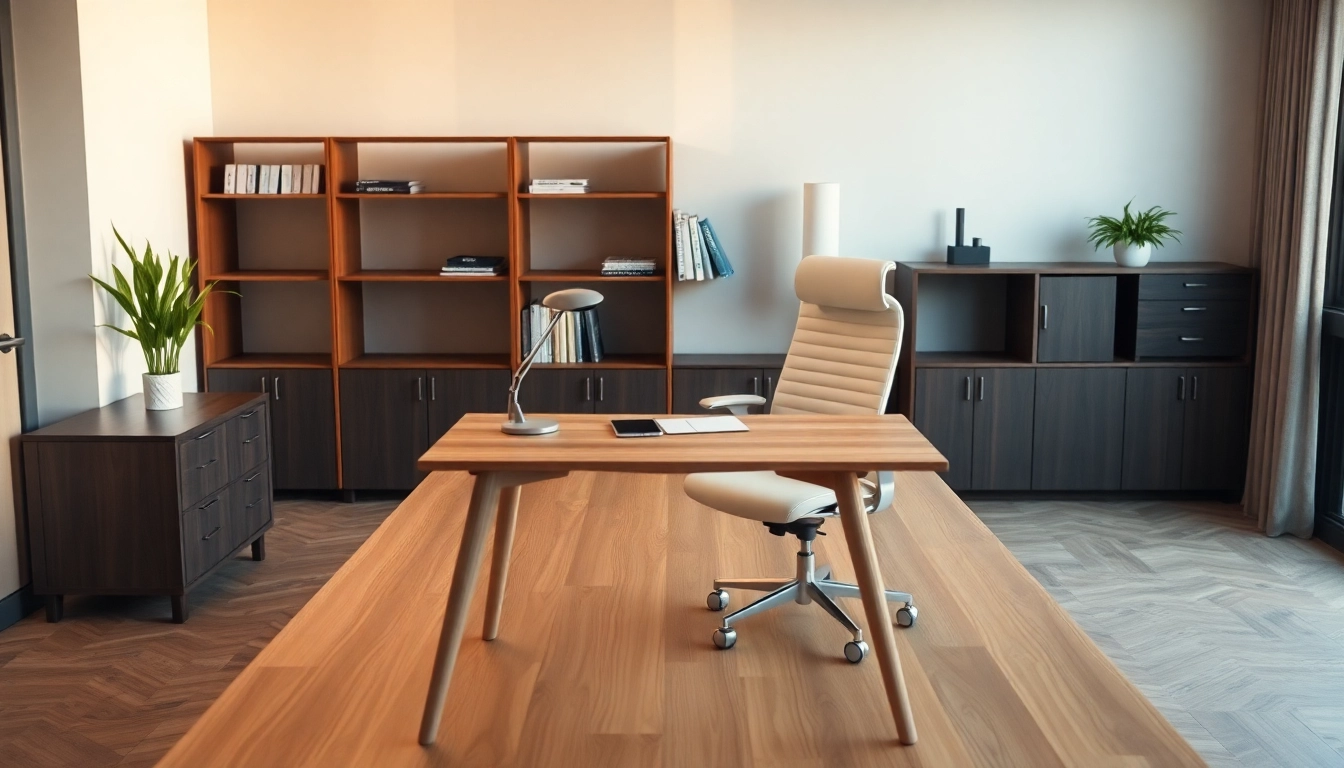 Büromöbel in einem modernen Büro-Setup: eleganter Schreibtisch und ergonomischer Stuhl in einem einladenden Raum.