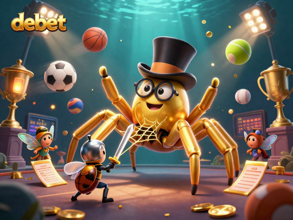 Engage with debet's vibrant casino experience featuring a golden tarantula and brave beetle in a 3D illustration of action and excitement.