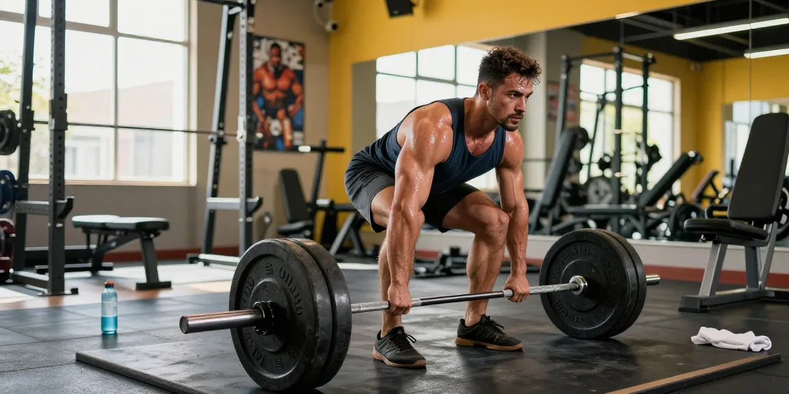 Steroidshop Fitness-Szene mit Bodybuilder, der im modernen Fitnessstudio Kreuzheben macht