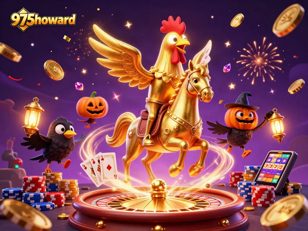 Experience the excitement of 975howard with golden rooster characters in a vibrant casino scene.