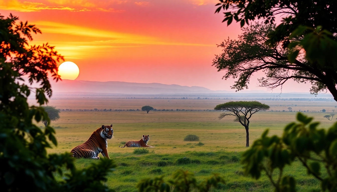 Experience breathtaking wildlife safari tours in India featuring Bengal tigers in a stunning sunset landscape.