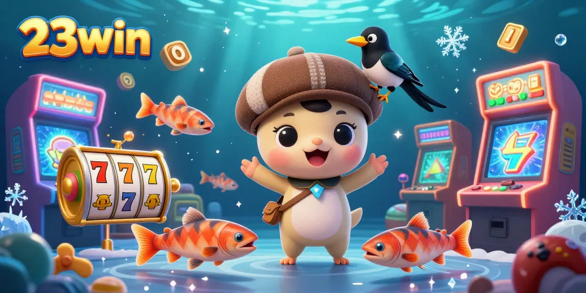 Engage in thrilling gameplay with 23win's vibrant casino scene featuring lucky symbols and charming characters.