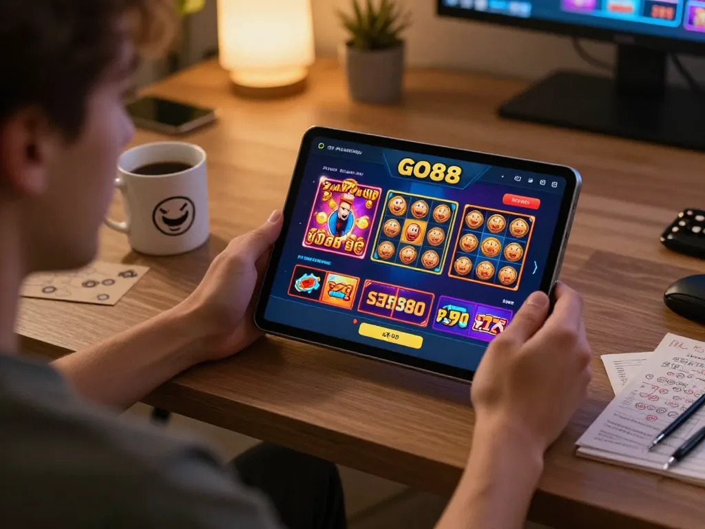 Engaging with the GO88 app on a tablet in a cozy home gaming setup