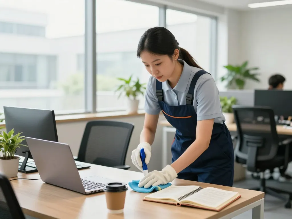 Professioneller Büroreinigungskraft sorgt für eine makellose Umgebung in Münster und zeigt das Wesentliche der professionellen Gebäudereinigung in Münster.