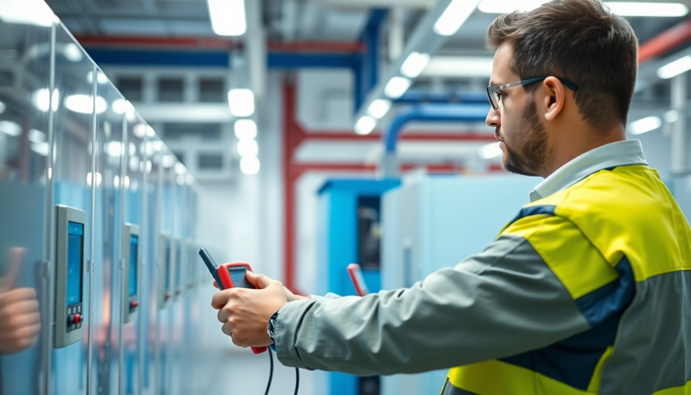 Technician performing DGUV V3 Prüfung on electrical equipment, ensuring workplace safety.