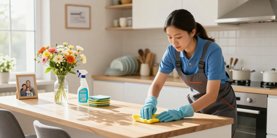 Professional cleaner demonstrating effective gebaeudereinigung solothurn techniques in a bright kitchen environment.
