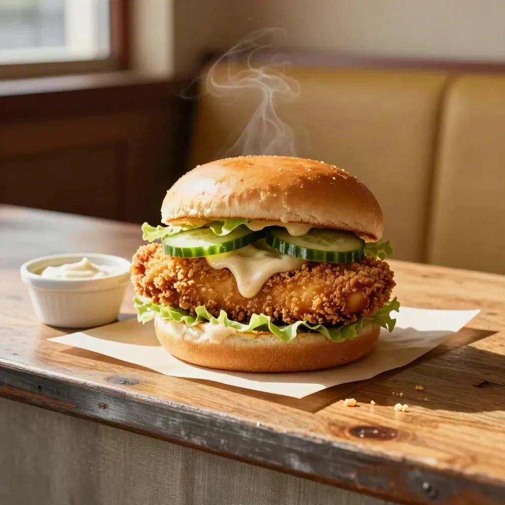 Knuspriger Chicken Burger auf Papier mit Salat, Gurke und milder Soße im warmen Dinerlicht