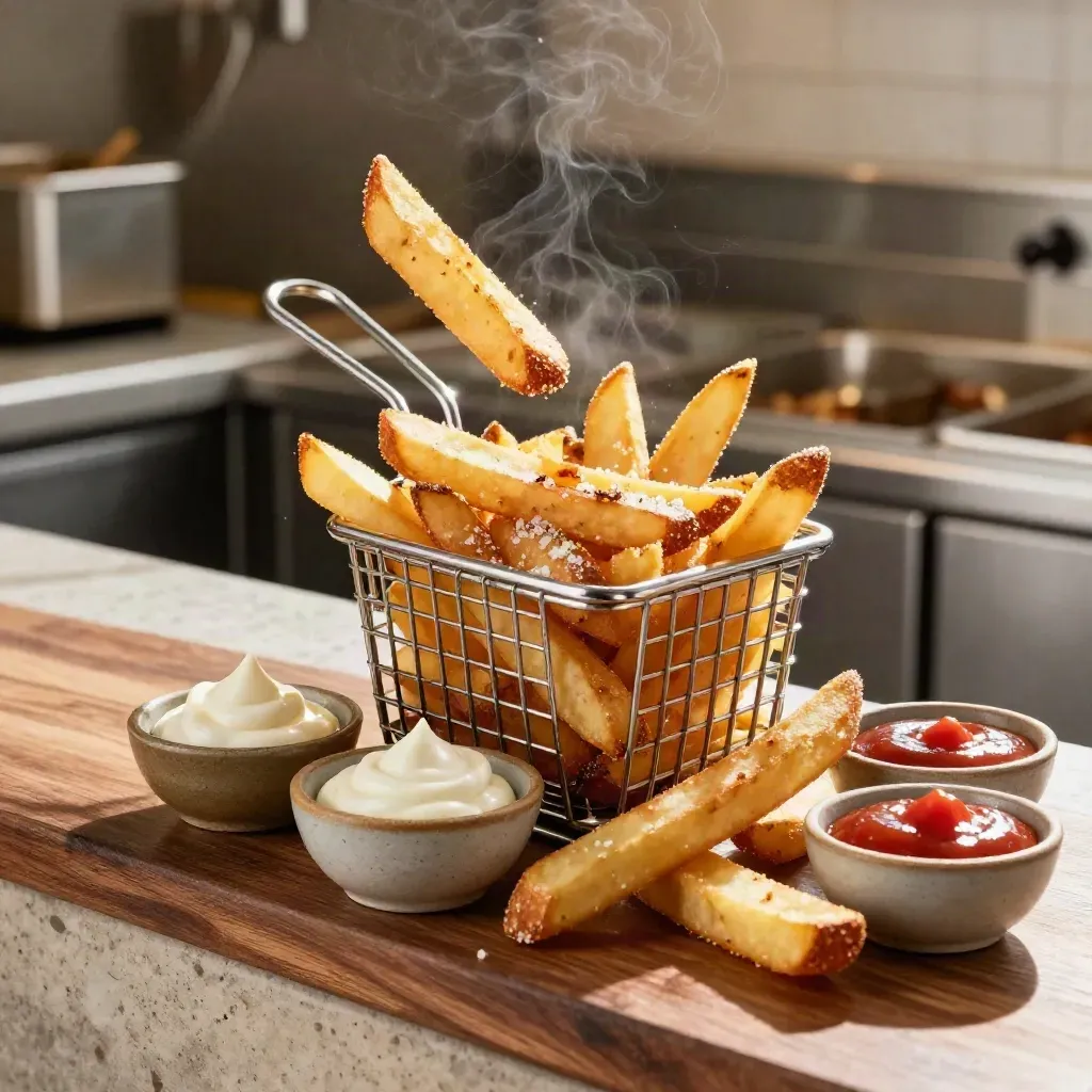 Goldbraune Fries kippen aus einem Korb neben drei Dips auf einer warmen Theke.