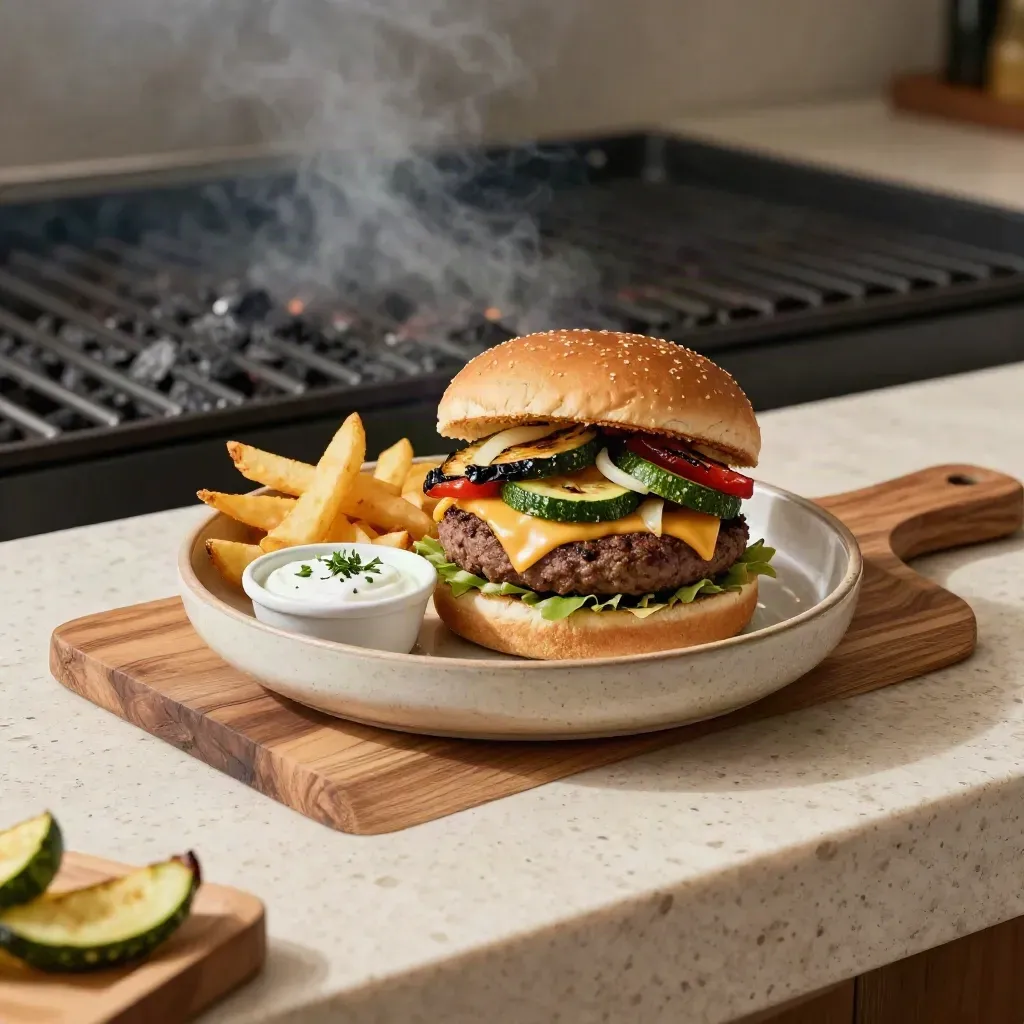 Veggie Patty Burger mit Gemüse, Käse und Dip auf Travertin in warmer Editorial-Lichtstimmung
