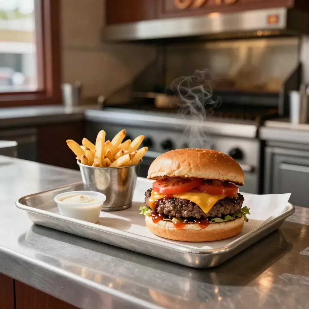 Burger mit Pommes auf Metalltablett in warmem Dinerlicht