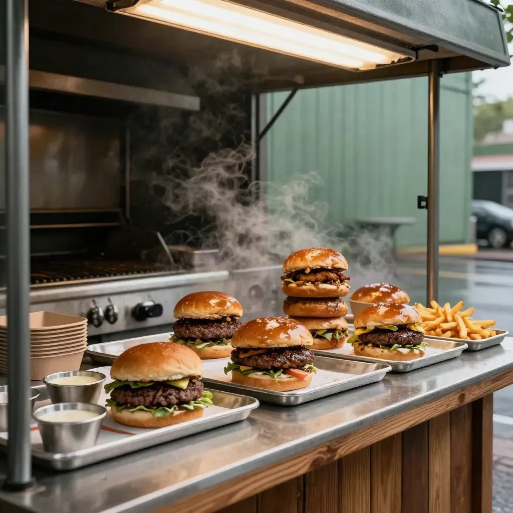 Offene Burger-Theke mit Grill, Fries, Dips und Take-away bei nasser Abendstimmung.