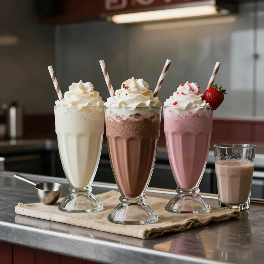 Drei kalte Milkshakes mit Kondenswasser neben einem Softdrink im Glas auf einer Theke.