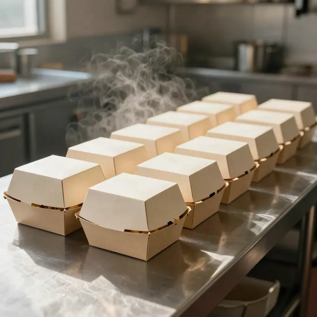 Reihe geschlossener Burger- und Fries-Boxen auf dem Edelstahlpass, dampfend und frisch.