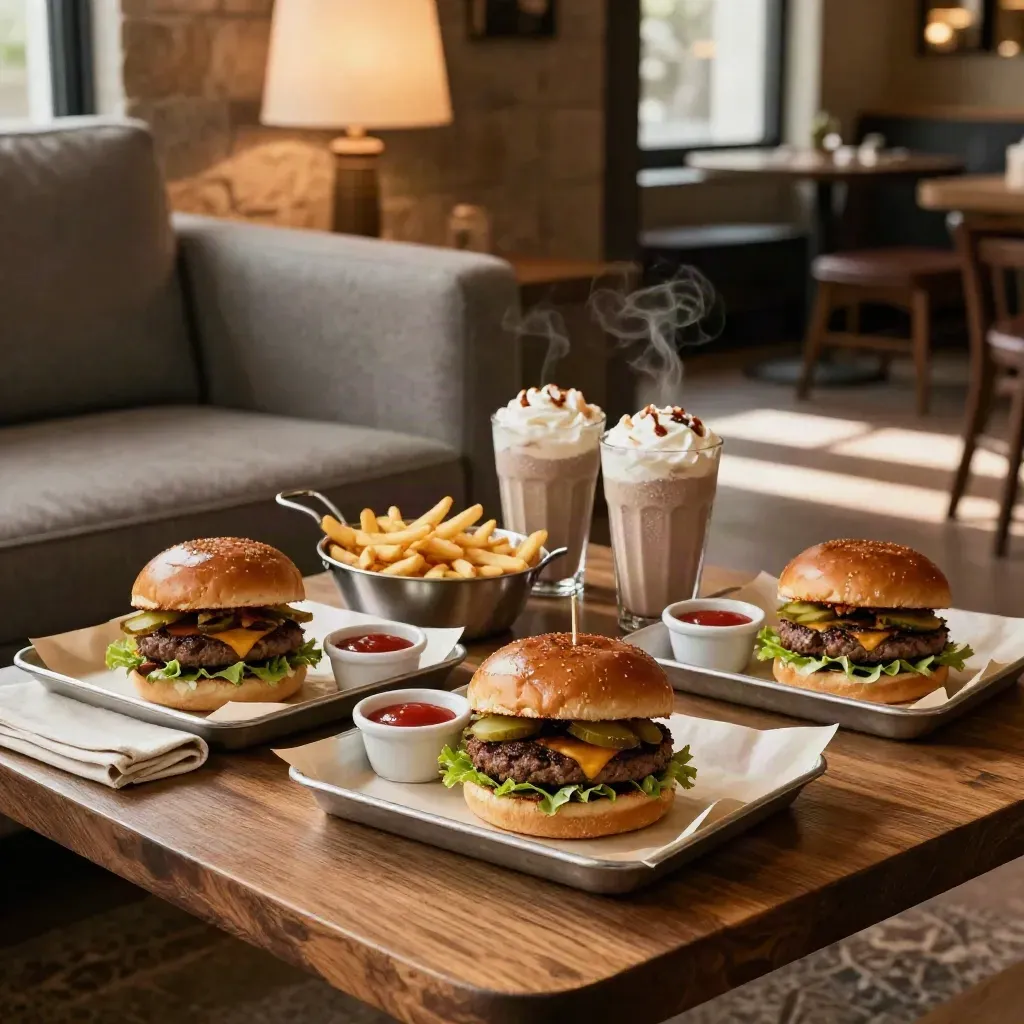 Vier Burger, Pommes, zwei Shakes und Dips auf einem Wohnzimmertisch im warmen Licht.