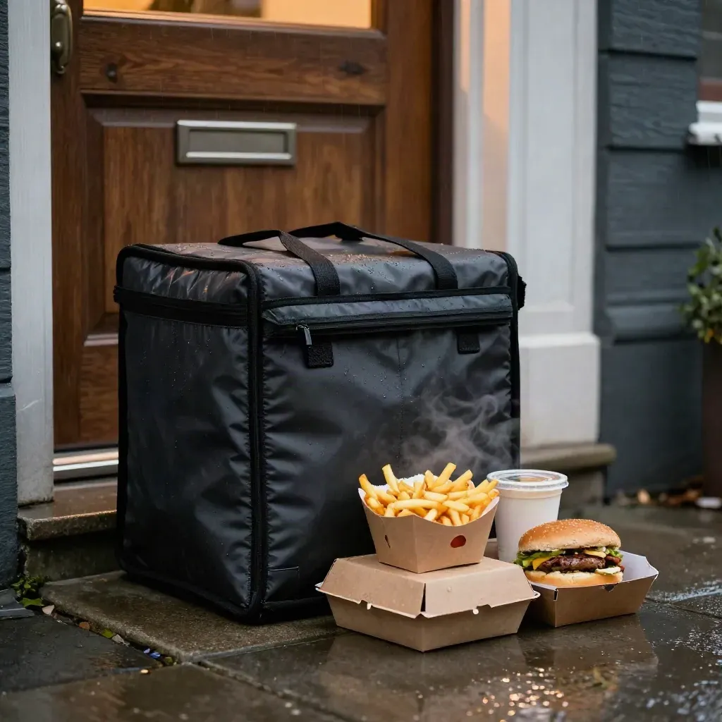 Lieferboxen und Isoliertasche im Regen vor einer Haustür, noch warm auf nassem Pflaster.