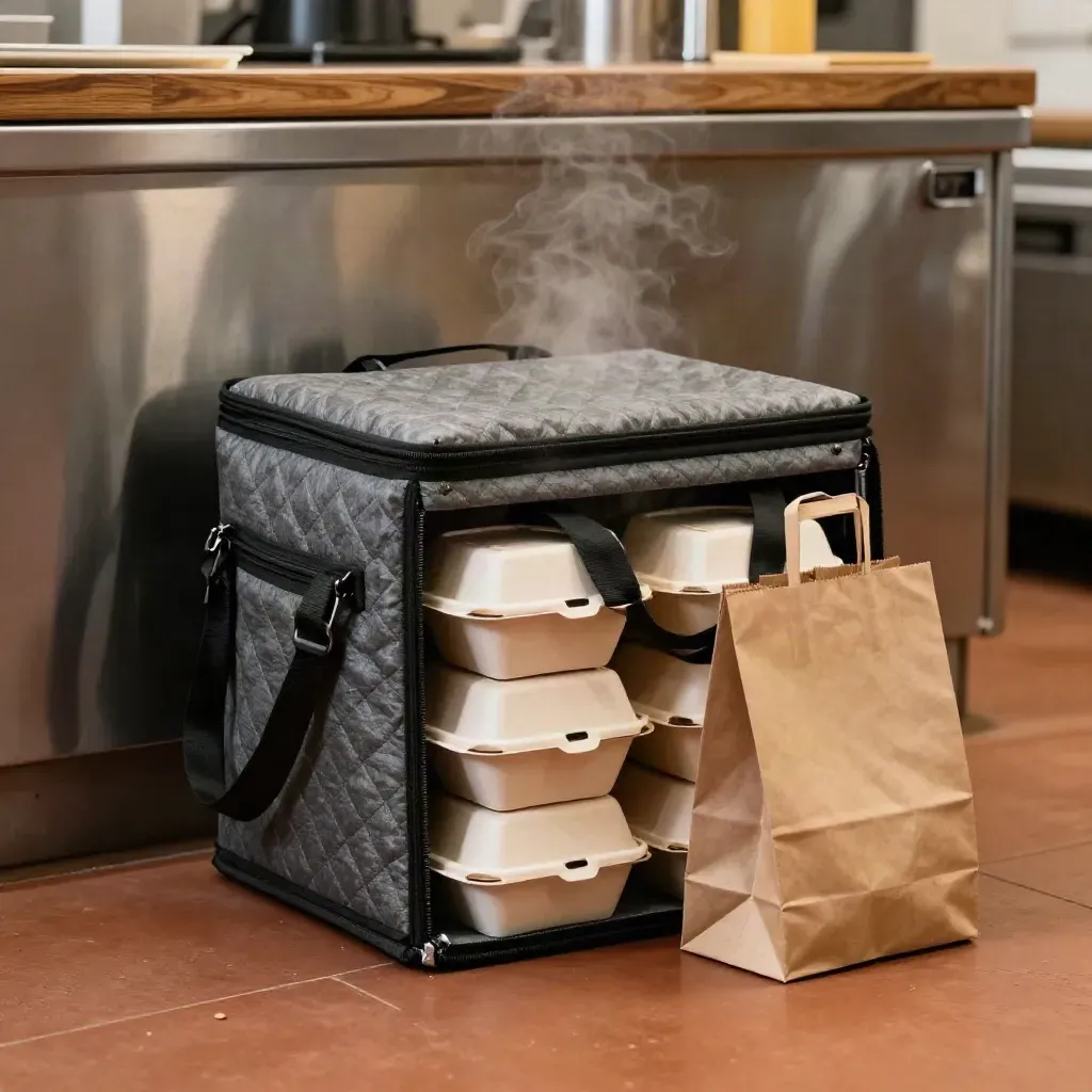 Isolierte Liefertasche mit Burgerboxen, Becherträger und Papiertüte in warmer Küche