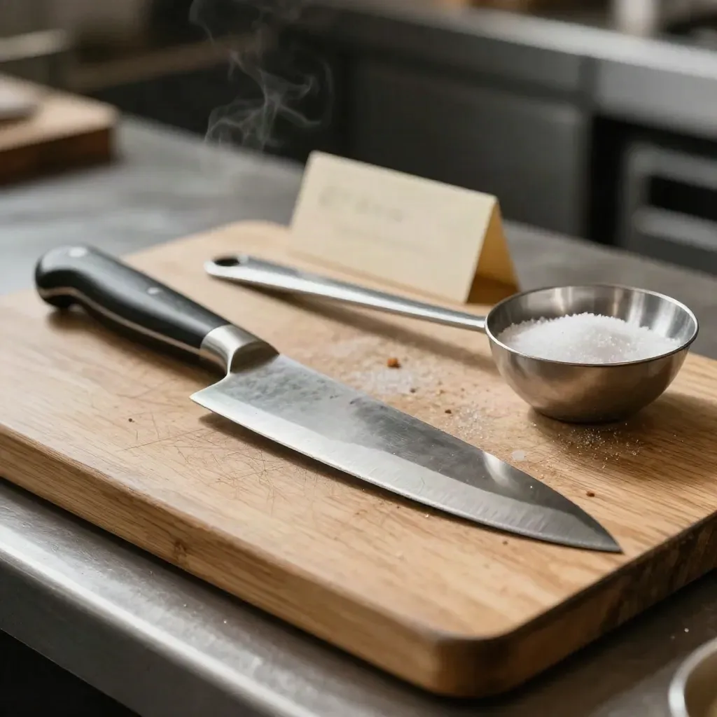 Messer, Bench Scraper, Probierlöffel und Salzschale auf einem angeritzten Schneidebrett in der Küche.