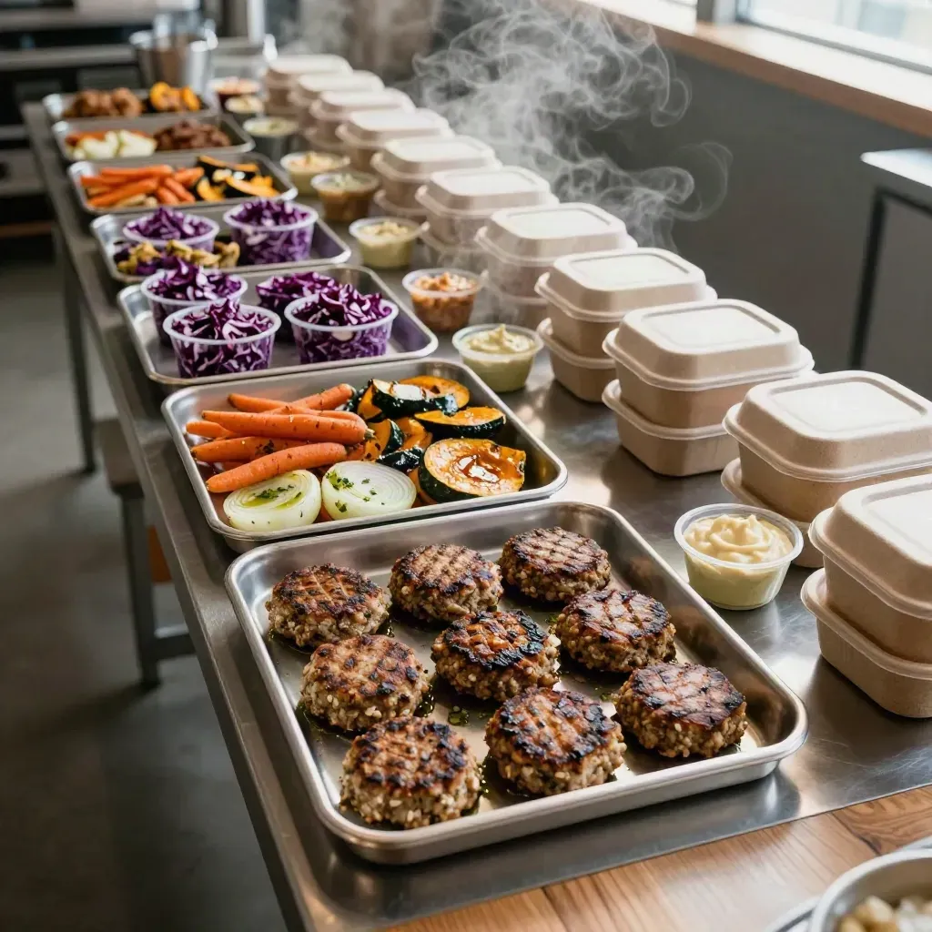 Vegane Catering-Boxen mit Pattys, Ofengemüse und Slaw auf einer langen Tafel.