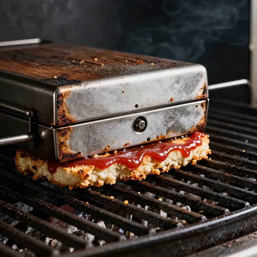 Extremes Makro von Grillspatel, Burgerpresse und Gusseisenrost mit Hitze und Krümeln.