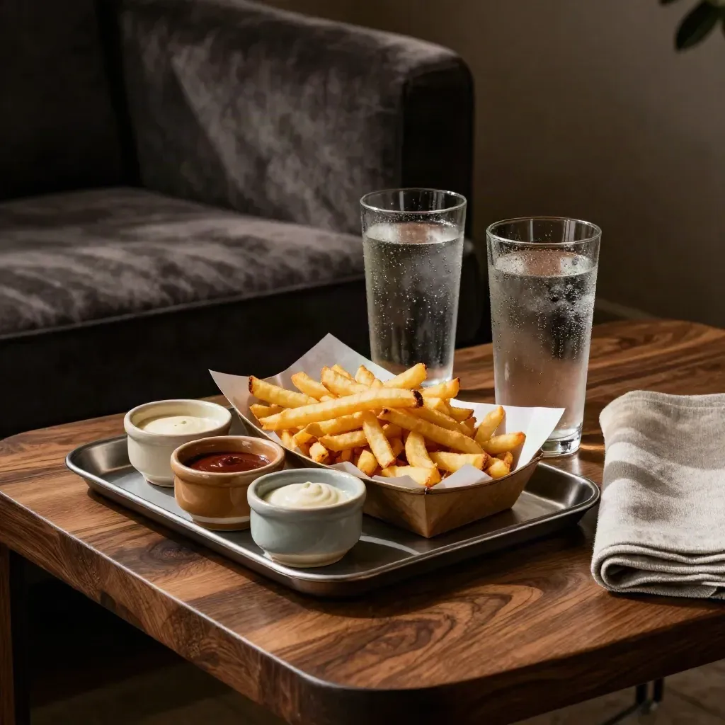 Fries, drei Dips und kalte Drinks auf einem Sofatisch im warmen Wohnzimmerlicht.